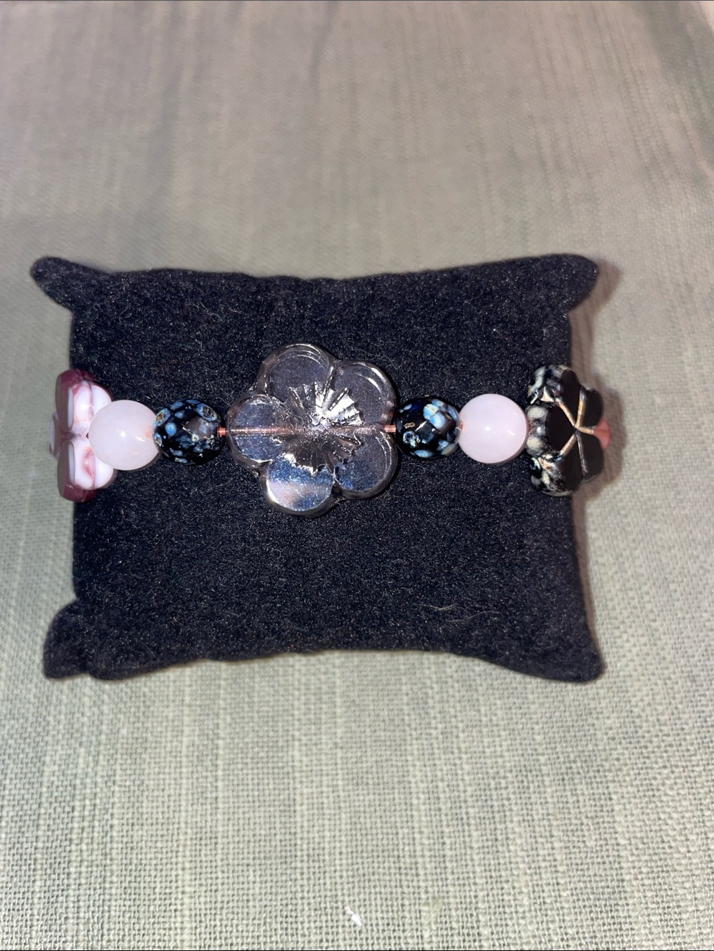 Handcrafted Black, Purple & Blue Floral Glass Bead Bracelet - Picture 3 of 8